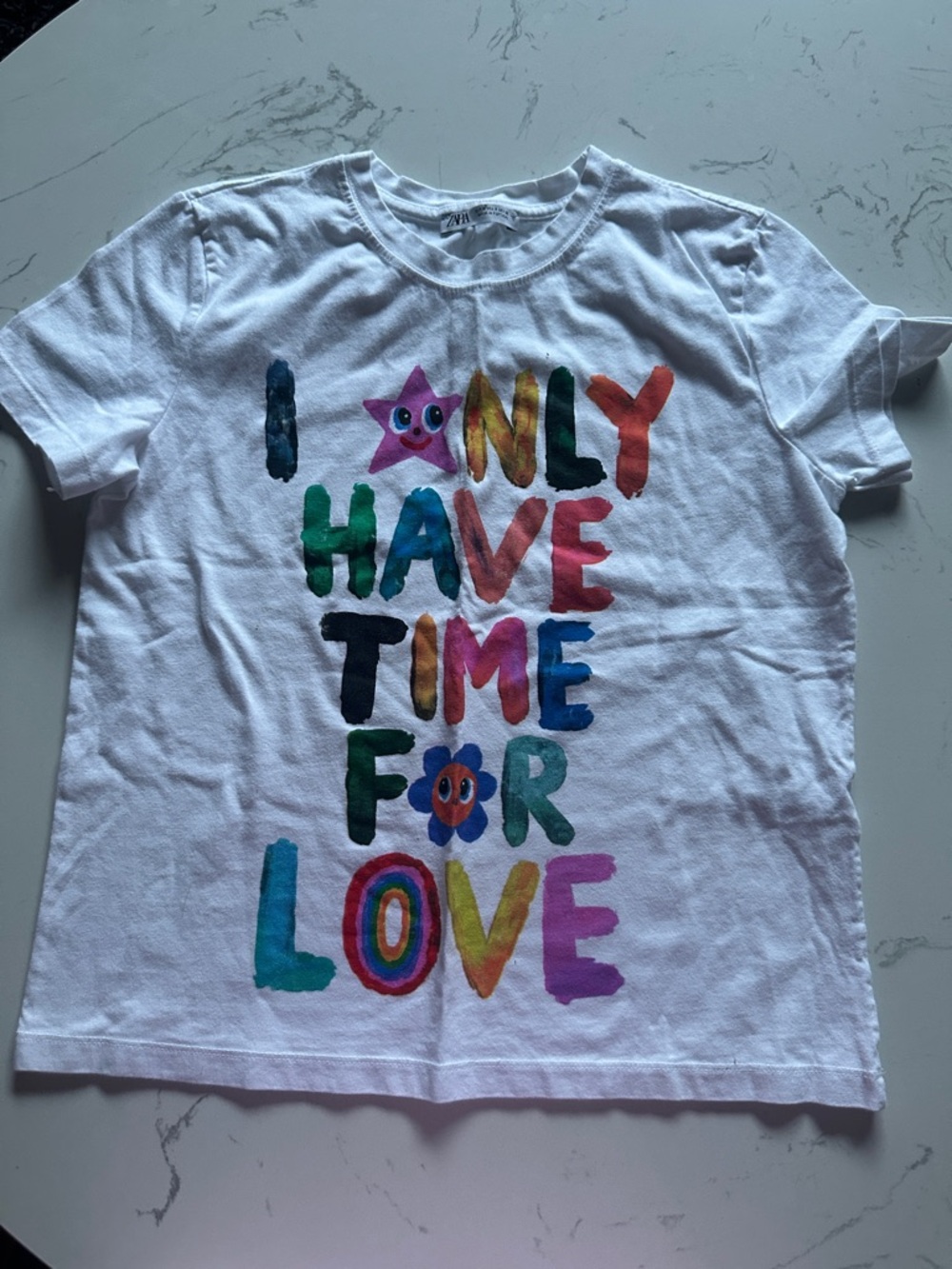 Zara White Graphic Tee with Multicolor Lettering